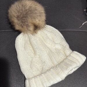 Kids Lands' End Cream Knit Beanie with Faux Fur Pom
